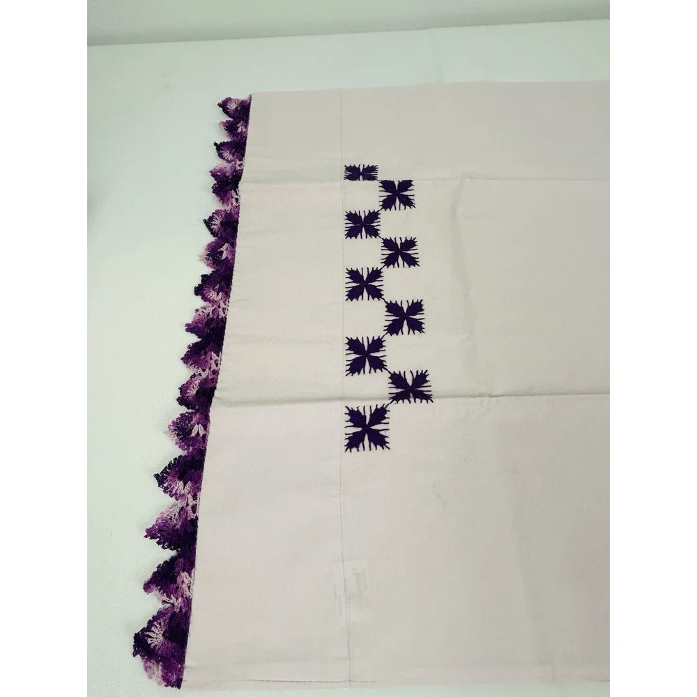 Vintage Cross Stitched Pillowcases Pink w/Purple Stitching 33 x 20